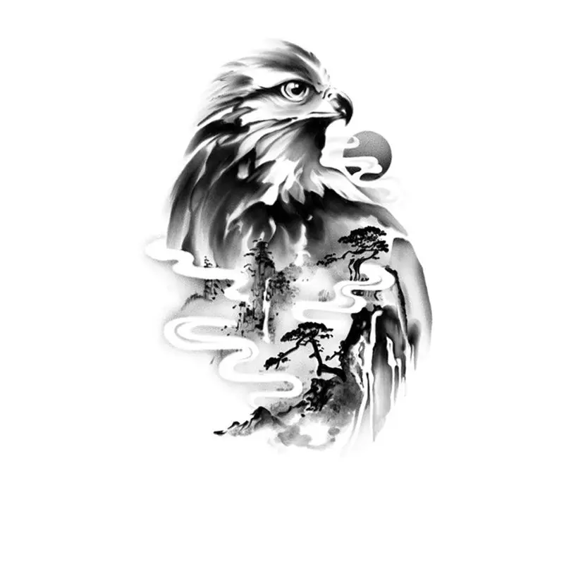 Herbal Eagle Fake Tattoo for Woman Man Arm Tattoo Waterproof Chinese Mountain Art Temporary Sticker Lasting Tatoo Sticker