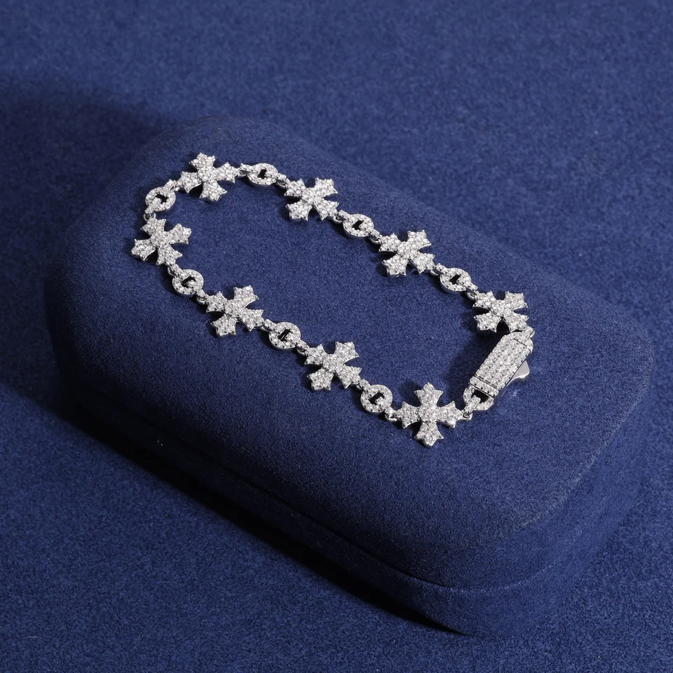 Sterling Silver 925 Moissanite Cross Chain Bracelet