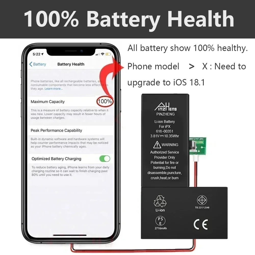 Real High Capacity Battery For iPhone 8 SE 6 6S 7 8Plus X Xs Max Xr Phone Replacement Batteries Warranty One Year