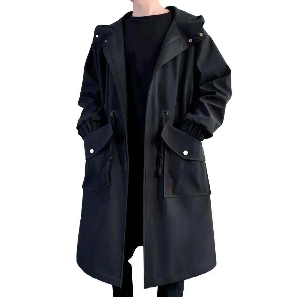 Long Trench Coat Jacket Men Autumn Spring Black Hip Hop Japanese Coats Streetwear Male Hooded Khaki Casual Jackets