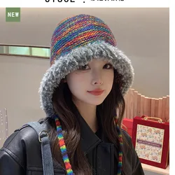 The new rainbow knitted hat with plush edge and binding woolen hat trend is simple and warm