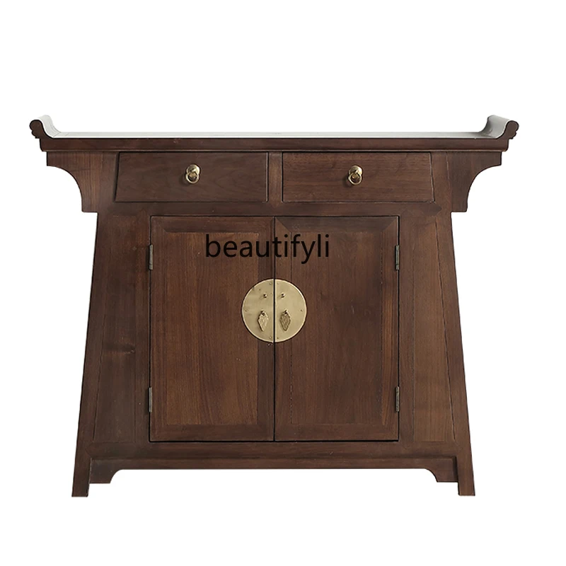 

New Chinese Style Black Walnut Entrance Cabinet Hallway Old Elm Zen Solid Wood Two-Door Sideboard Cabinet Shoe Cabinet