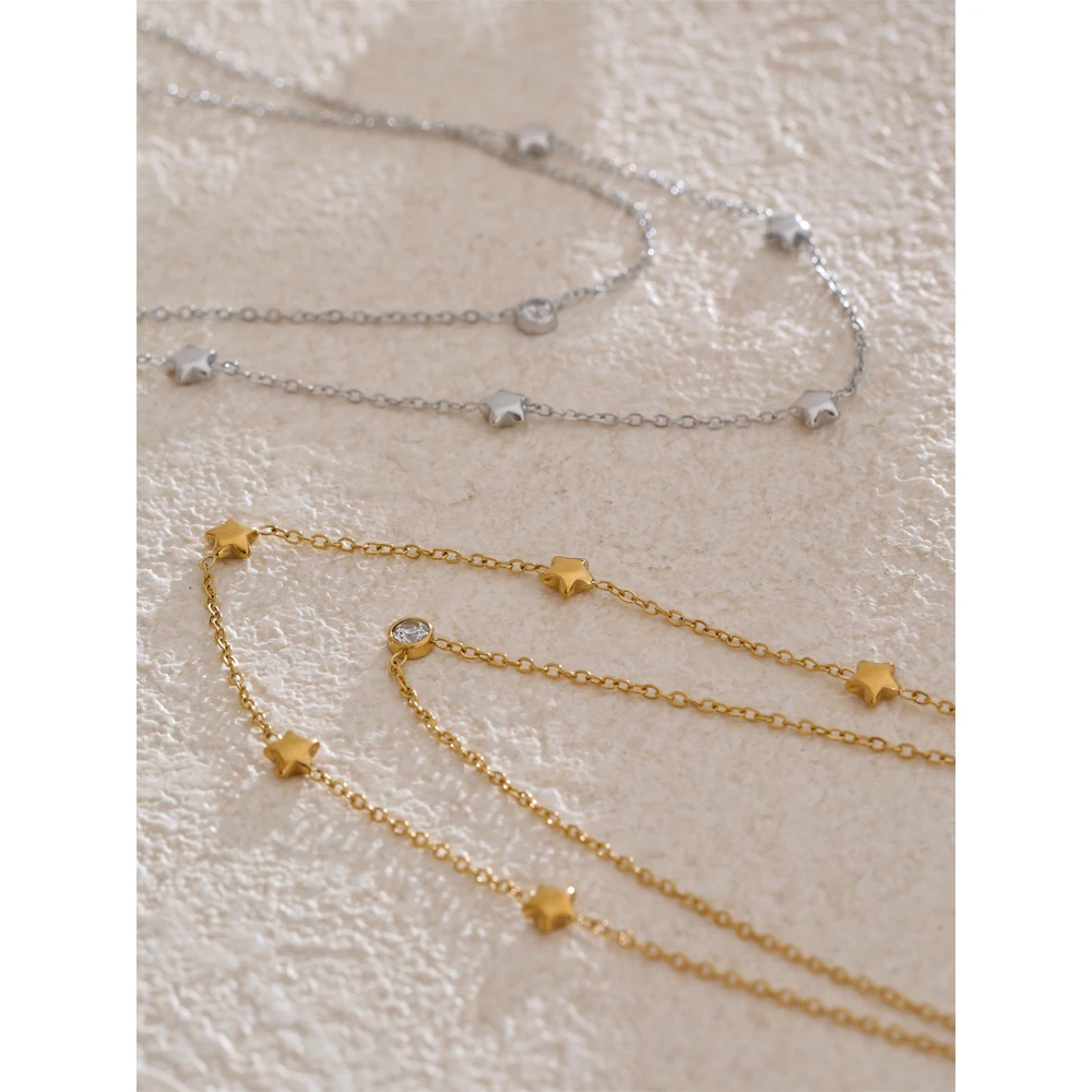 Yhpup Stainless Steel Double Layer Star Zircon Chain Necklace