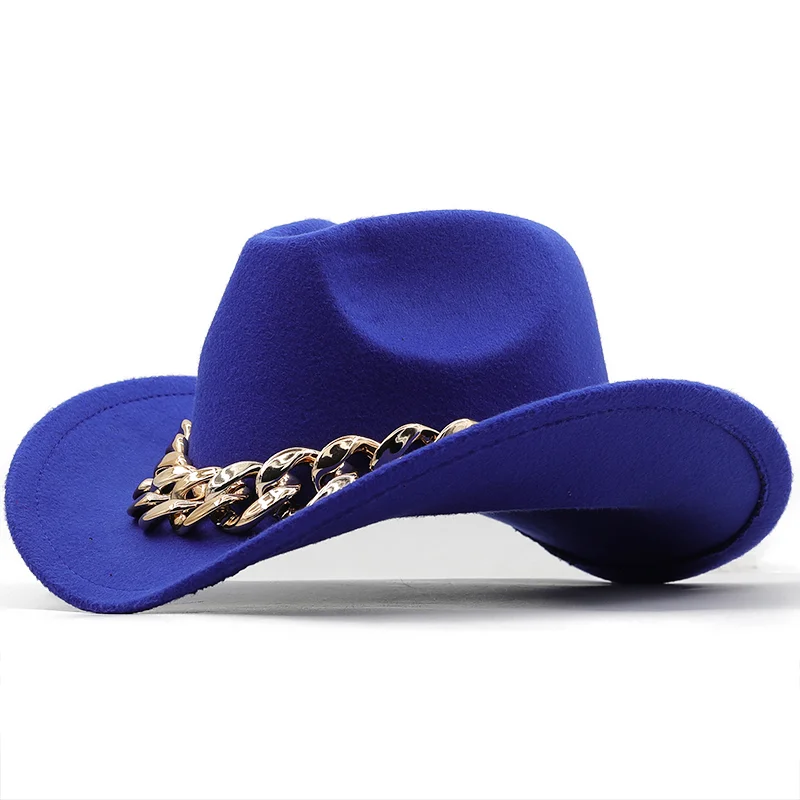 Luxury Men Women Western Cowboy Hat With gold chain Wide Brim Hat Pop Jazz Hat Winter Wool Hat Size 56-58CM fedora hats for sale