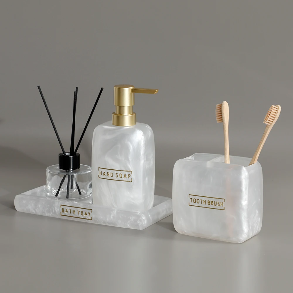Bathroom Vanity Countertop Accessory Set Soap Dispenser Toothbrush Holder Set Tray Bathroom Accessories White Pearl Look bathroom accessories set,soap dispenser