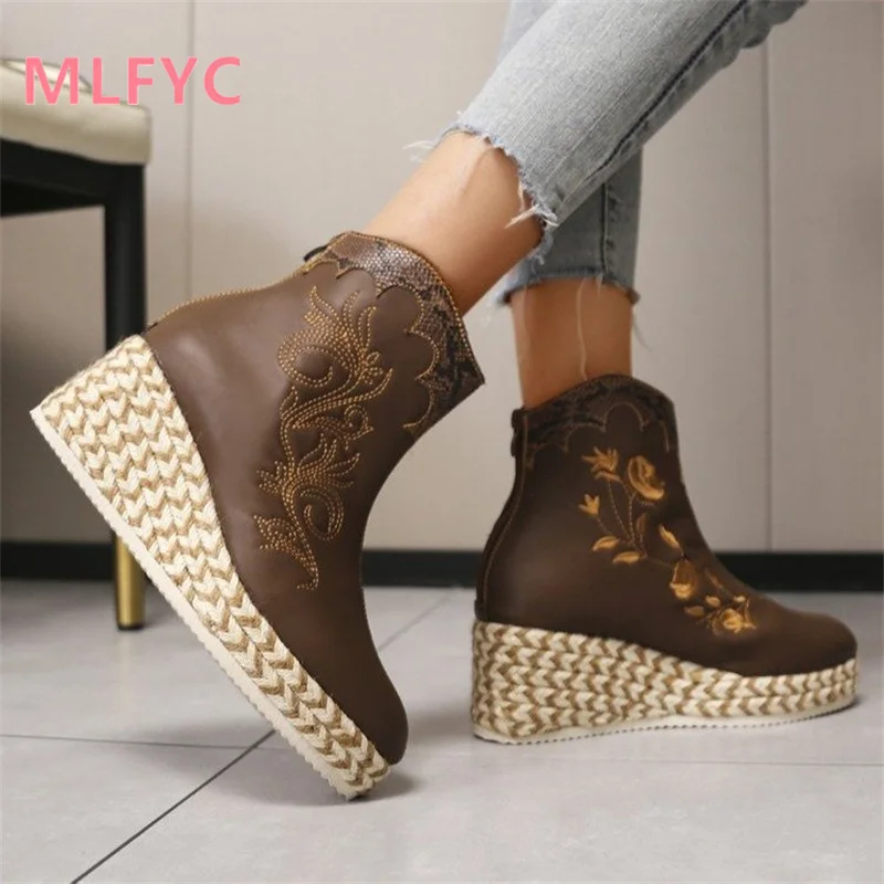 Slope Heel Thick Sole Round Head High Heel Short Boots Back Zipper Women's Simple Retro Flat Bottom Boots Brown Platform Shoes