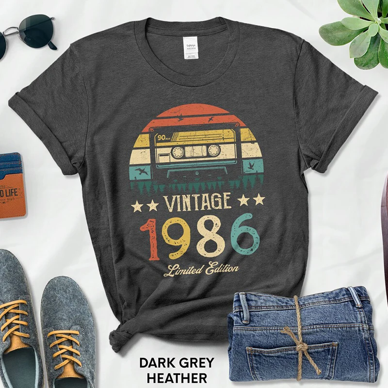 

Vintage 1986 Limited Edition Retro Cassette Women T Shirt 37th 37 Years Old Birthday Party Girlfriend Gift Black T-shirt Femme