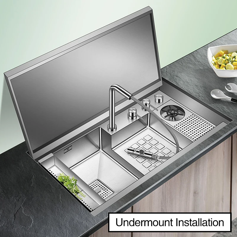 SUS 304 Stainless Steel Hidden kitchen Sink Single Flip Cover Hidden Sink Cup Rinser Handmade Brushed Stepped kitchen Sinks
