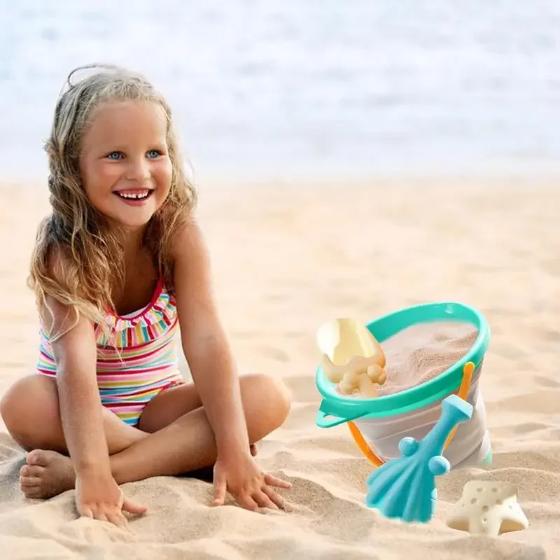Foldable Beach Bucket Children's Foldable Bucket Play Sand Toys Bright Colors Silicone Beach Toys For Lake Backyard Beach Garden 4