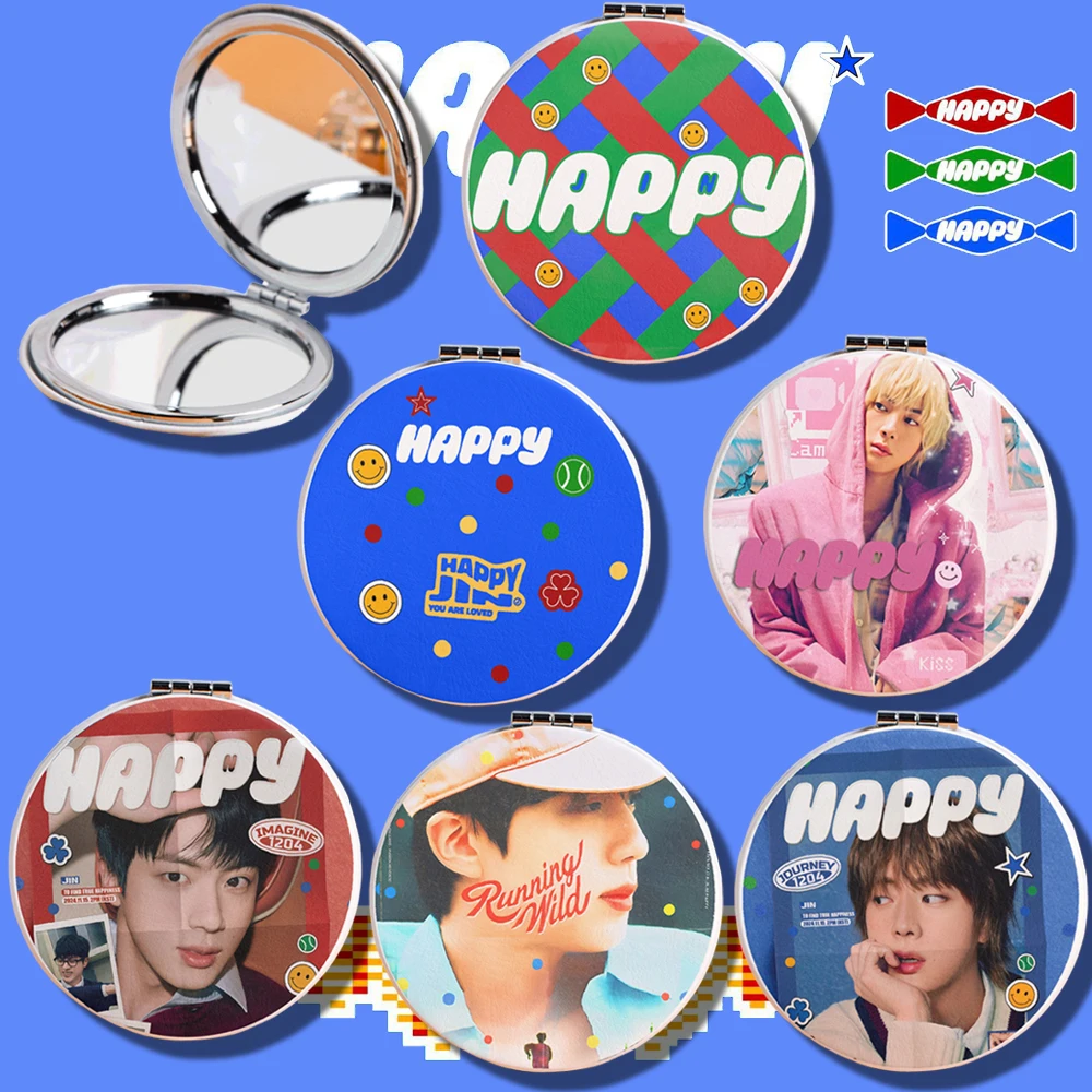 PU Leather Kpop Mini Portable Mirror HAPPY RUNNING WILD Makeup Folding Cosmetics Fun Gifts Accessories Merchs kpop mirror