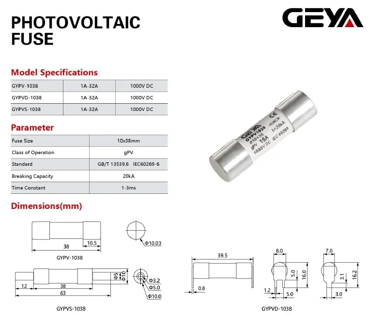GEYA GYPV-32 1P 2P Parallel DC Fuse Holder 10*38mm 1000V Fuse Link Base 10A 15A 20A 25A 30A