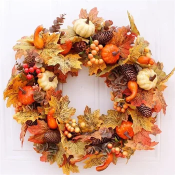 Pumpkin Berry Pine Cone Maple Autumn Door Wreath Christmas Halloween Decoration Artificial Wreath Cloth Rattan Material 2