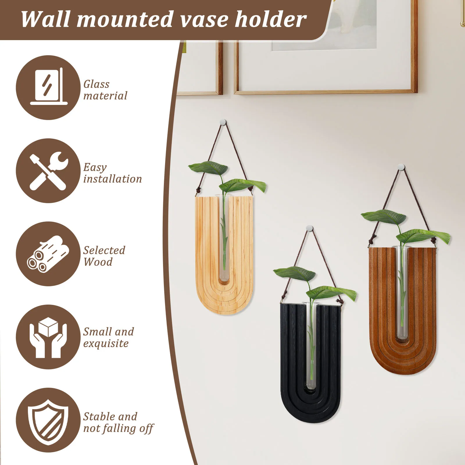 3 Pcs Wooden Flower Vase Elegant Wall Mounted Planter Hydroponic Plant Hanging Vase for Garden Living Room and Home Decoration