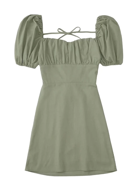 XNWMNZ women white fashion linen blend dress female square neck short puff sleeves backless crossover straps dress for women's Army Green