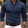 Spring Autumn Men's POLO Shirt Solid Color Zipper Everyday Casual Classic Comfort Fake Pockets High Quality Long Sleeve Tops 3