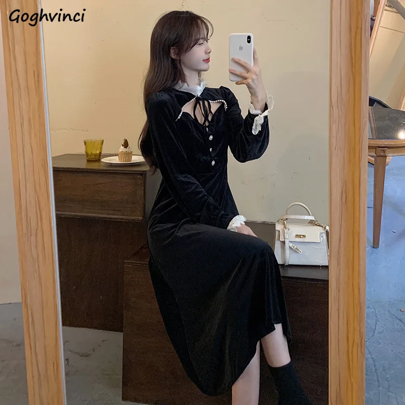 

Dresses Women Hollow Out Lace-up Chic Elegant Prevalent Patchwork Ins Casual Defined Waist Vestidos Black Spring Female Clothing