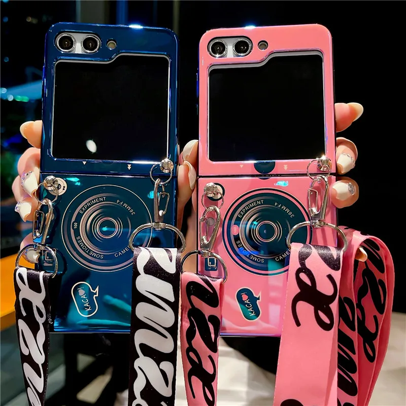Blu-ray Retro Camera Flip5 Phone Case For Samsung Galaxy Z Flip 5 4 3 5G Crossbody Lanyard Protective Flip3 Flip4 Cover
