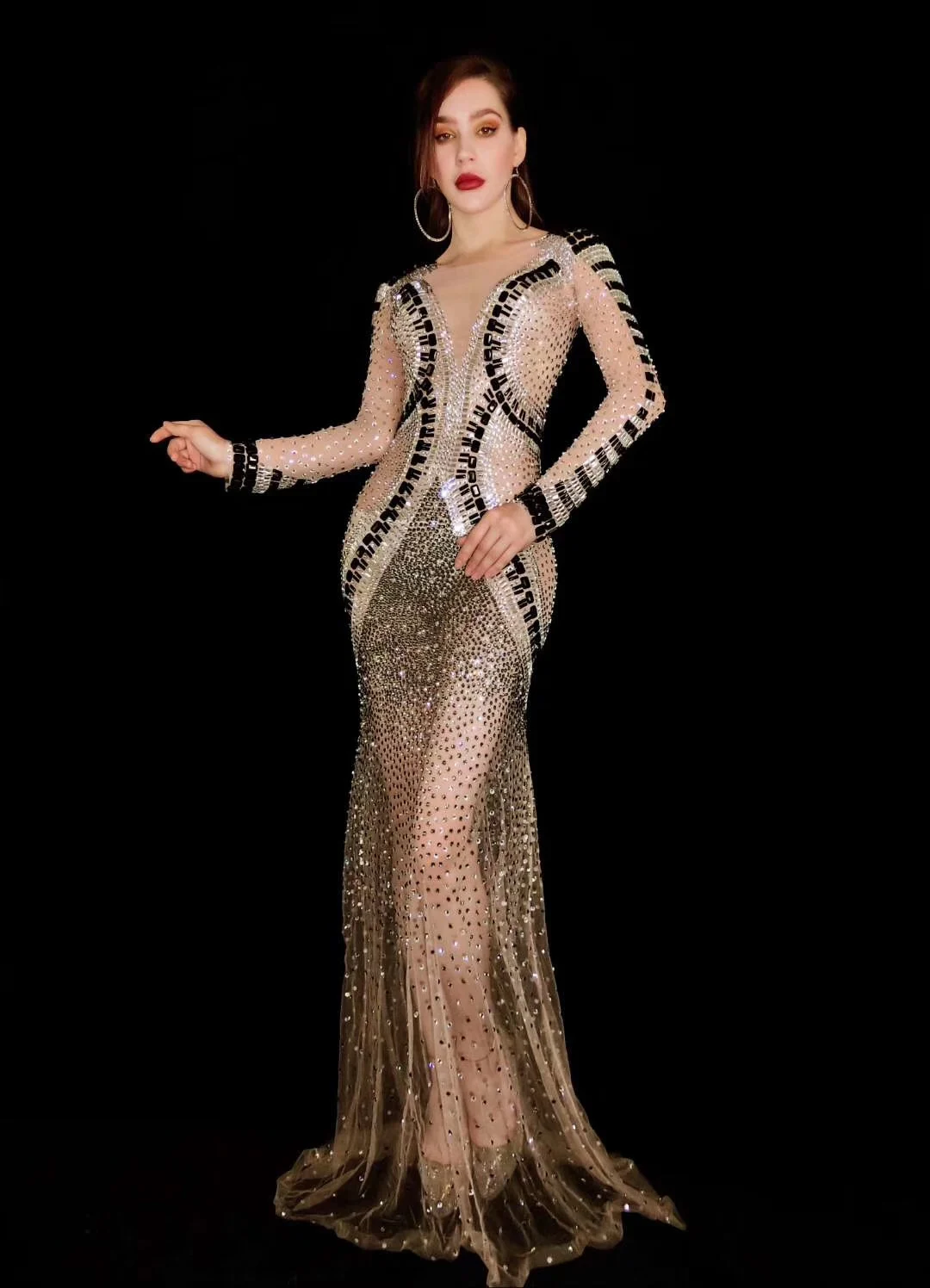 

Блестящее Сетчатое платье с золотыми кристаллами, женское облегающее длинное платье, вечерние свадебные костюмы знаменитостей, одежда для ночного клуба