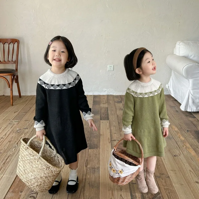 

Autumn 2023 Kids Dress Korean style vintage contrast color sweater dress for girls casual knit princess dresses