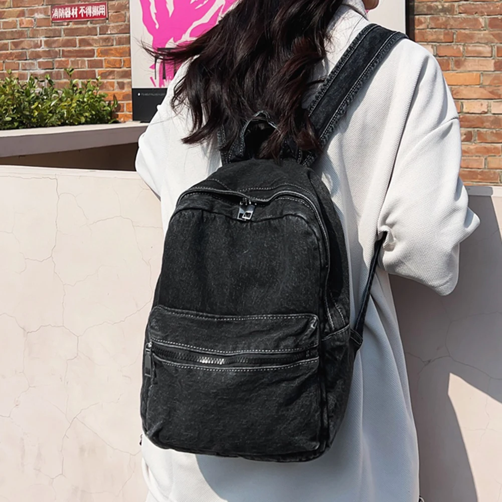 Fashion Denim Backpack Jeans Backpack Lightweight Teenagers School Bag Large Capacity Multi Pockets for Outdoor Travel