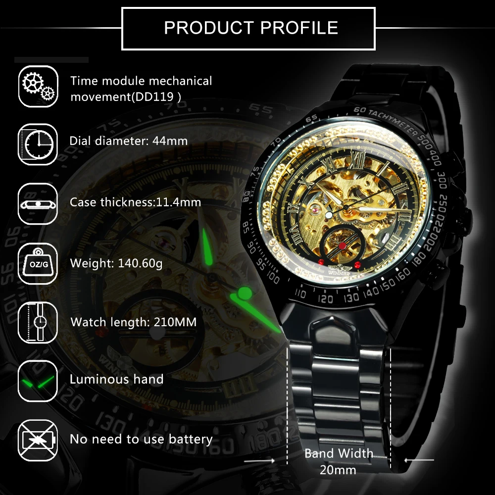 Mechanical Sport Design Bezel Gold Mens Watches for Winner