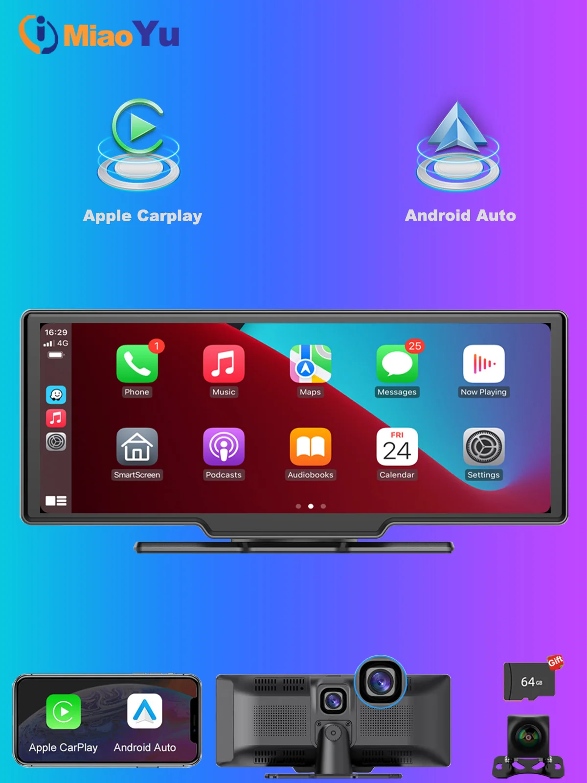 

Portable Android Auto 9.3" HD IPS 2.5D Wireless Carplay for Car Plug in Dash Mount with 2.5K Dash Cam and 1080P Backup Camera