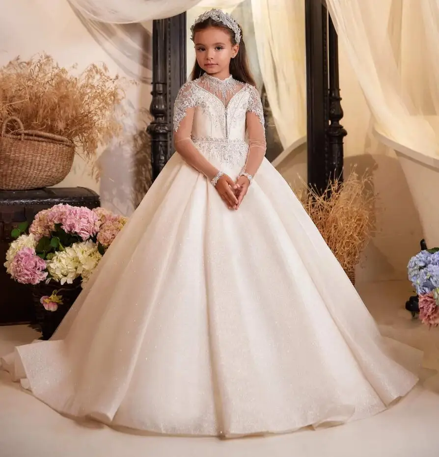 Light Champagne Ball Gown Flower Girl Dress for Wedding with Long Sleeve Glitter Tulle Beading Kid Pageant First Communion Gown