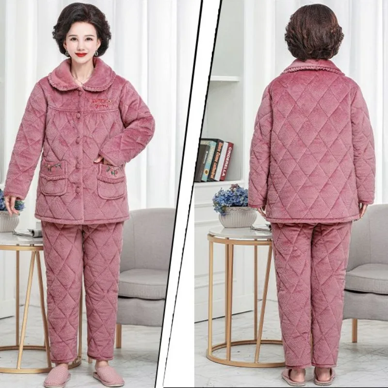 Cotton Pajamas Women's Winter New Three-layer Thickened Loungewear Coral Velvet Home Clothes Elderly Mother Sleepwear Outfit