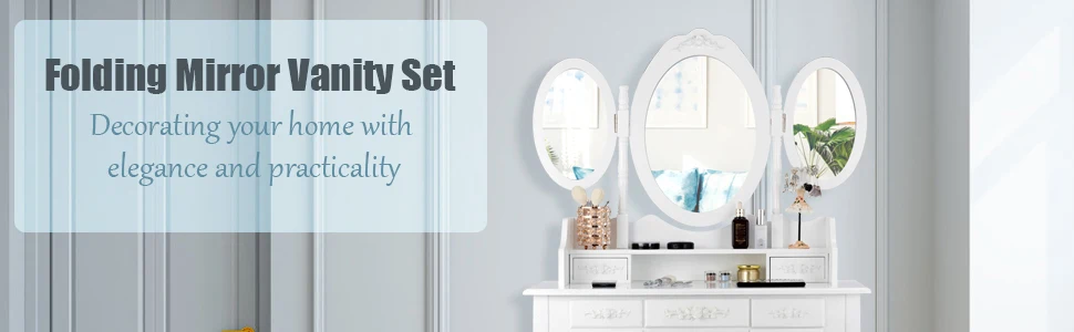 Schminktisch-Set mit dreifach klappbarem Spiegel und gepolstertem Hocker