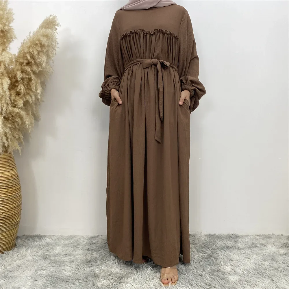 

Islamis Dresses Abaya Puff Sleeves Frill Muslim Women Long Dress Solid Color Islamic Clothing Dubai Turkish Hijabi Robe Modesty