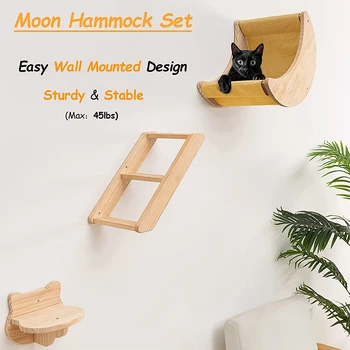 Cat Shelf Wall Hammock Climbing Shelves Moon Shaped And Perches Ladder Solid Wood Steps For Activity Indoor Cats Wall Furniture 2