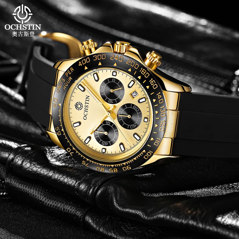 OCHSTIN New Men’s Watches Top Brand Big Sport Watch Luxury Men Silicone Quartz Wrist Watches Chronograph Gold Design Male Clock