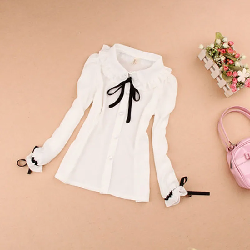 New Autumn Chiffon Blouse for Girls Long Sleeve Tops Korean Children Clothing School Girl White Dot Shirts Bow Patten Clothes