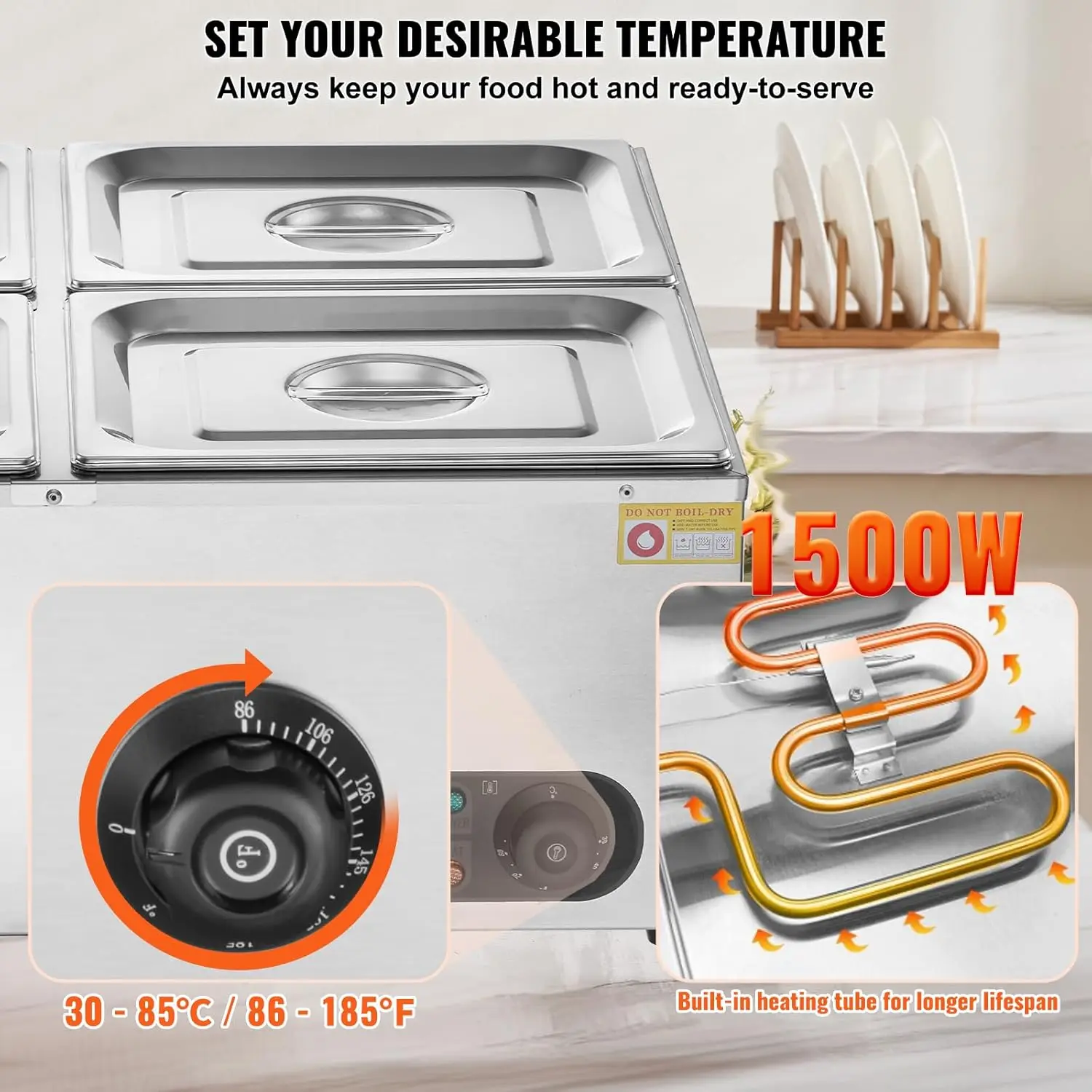 110V 4-Pan Food Warmer, 1200W Electric Steam Table 15cm/6inch Deep, Professional Stainless Steel Buffet Bain Marie 48 Quart 3