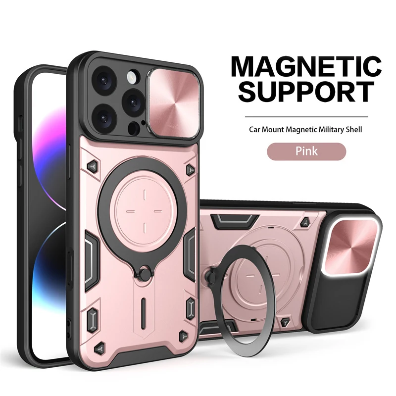 Ultimate Shockproof Armor Phone Case with Slide Lens Protector and Ring Holder Back Cover