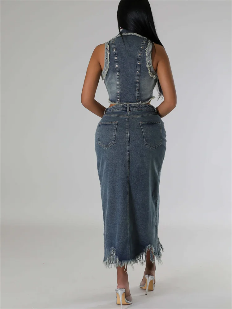 Wmstar Women Two Piece Set Casual Stretch Denim Summer Sleeveless Turn-down Collar Crop Tops Split Skirts Party Streetwear Suits