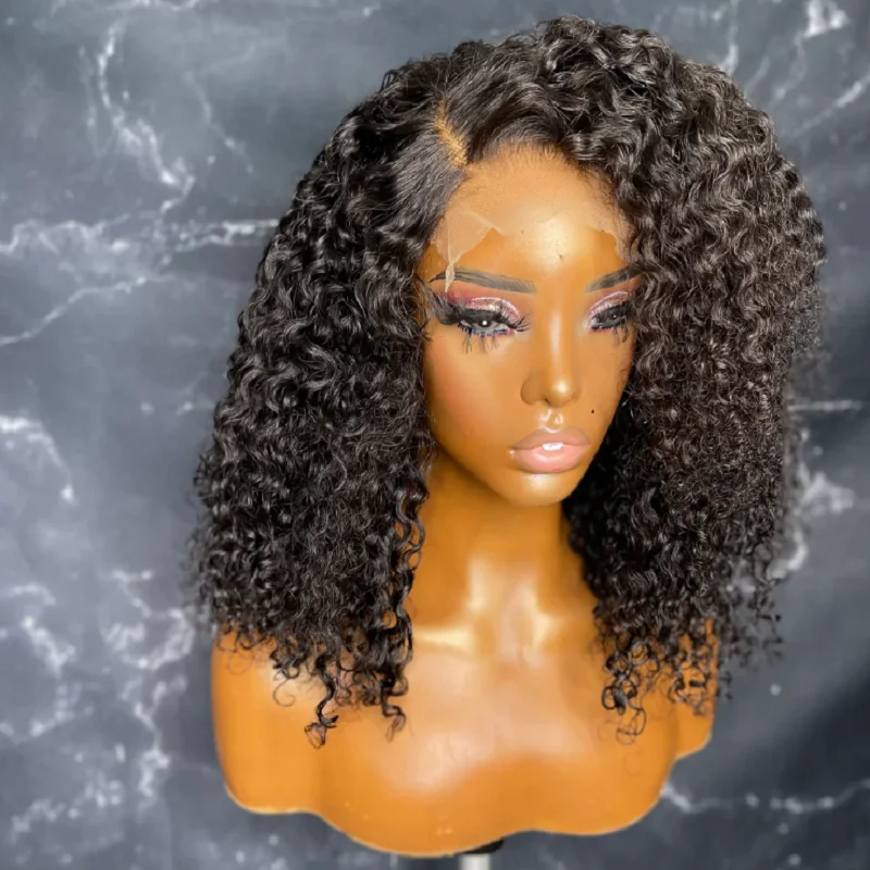 

Soft 14inch Short Bob Kinky Curly Glueless Preplucked Baby Hair Lace Front Wig For Women Middle Part 180density Natural Hairline