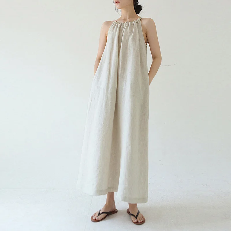 

Summer 100% Linen Elegant Dresses Women Sexy Sleeveless Halter Bandage Long Midi Boho Beach Party Dresses For Lady Colthes