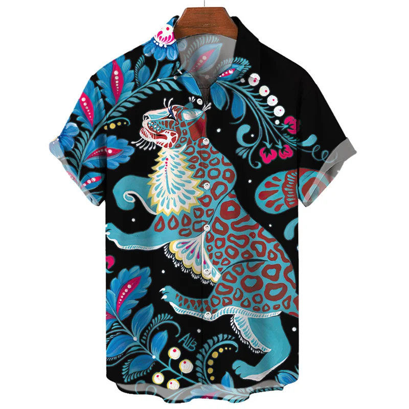 thumbnail image 1 of Camisa de manga corta con estampado 3D de leopardo y tigre para hombre, camisa informal de moda de verano, camisa de calle de gran tamaño, 1 of 5