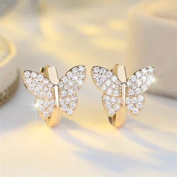 White Zircon Full Stone Cute Butterfly Hoop Earrings For Women Vintage Gold Color Ear Buckle Wedding Jewelry Versatile Gifts