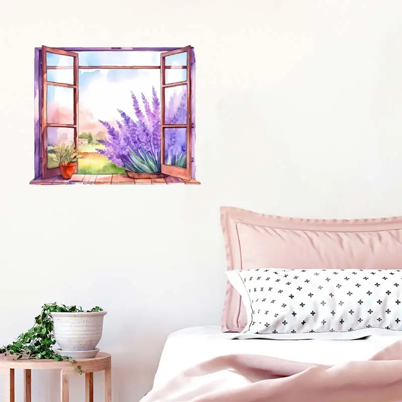 Lavender Simulation Window Wall Stickers Room Background Home Decoration Mural Living Room Wallpaper