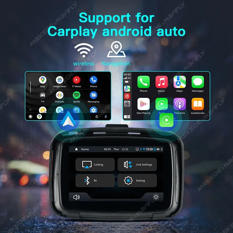 NaviFly 5 인치 휴대용 오토바이 LCD 디스플레이 IPX7 방수 모니터 무선 Apple Carplay 안드로이드 자동 모토 자동차 놀이