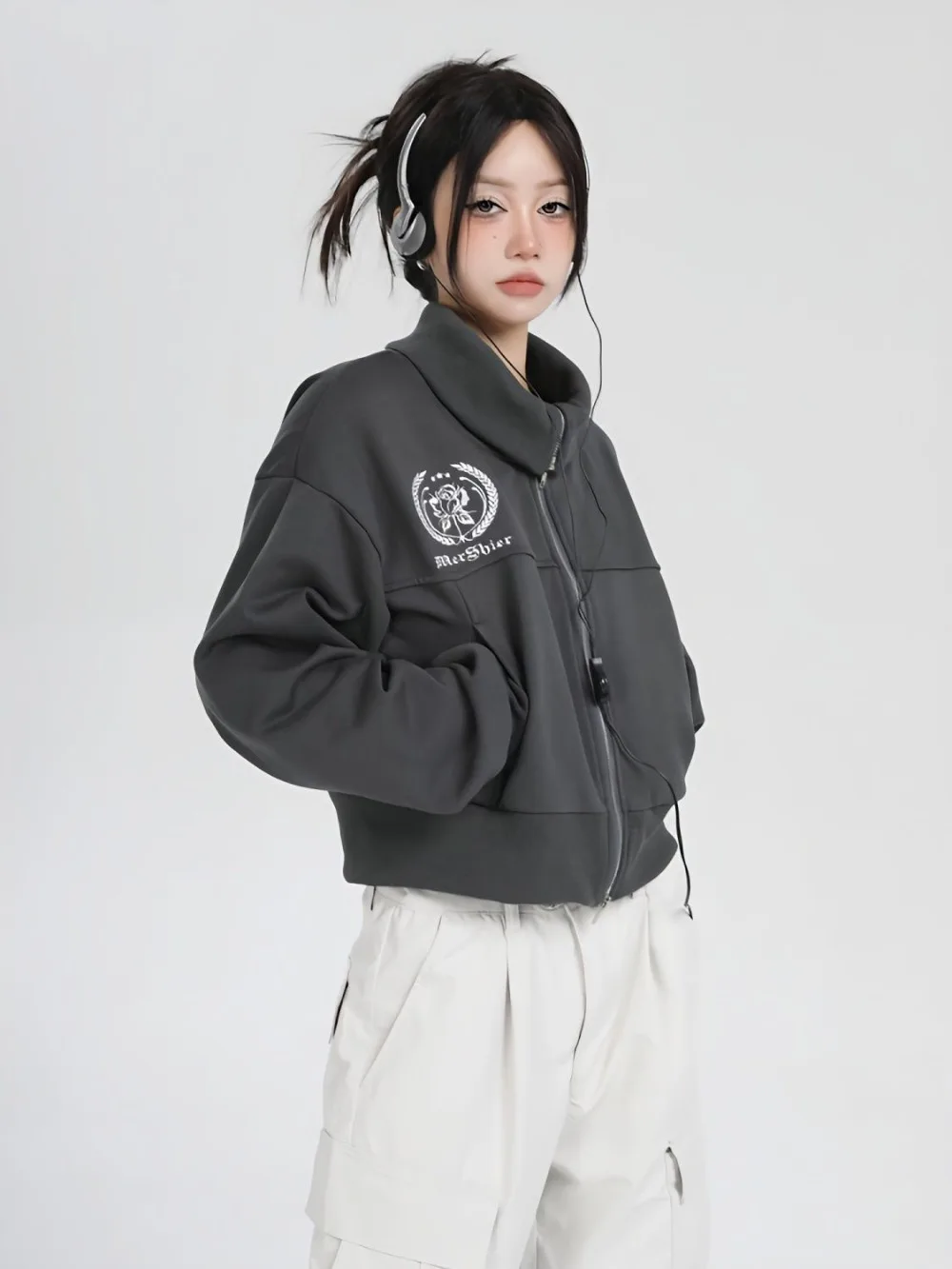 

Korean Vintage High Neck Streetwear Cropped Jacket Coat Y2k Aesthetic Embroidery Zipper Women Sweatshirt Chaquetas Para Mujer