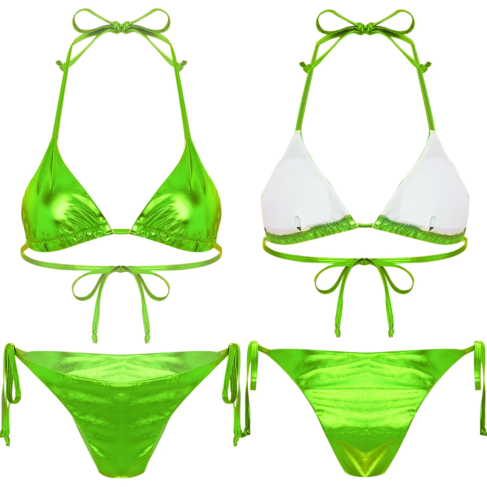 thumbnail image 1 of Traje de baño minibikini con cordones brillantes y metalizados para mujer, top de copa triangular acolchado con braguitas, traje de baño sexy de 2 piezas para playa, 1 of 5