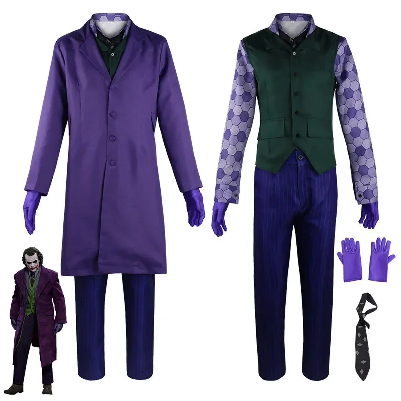 

Heath Ledger Cosplay Suit Halloween Mens Movie The Dark Knight Joker Same Costume Coat Shirt Vest Pants Full Set Terror Party