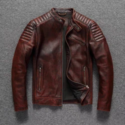 Retro Top Top Layer Cowhide Motorcycle Leather Jacket Reddish Brown Leather Cycling Suit Men's Slim Short Coat