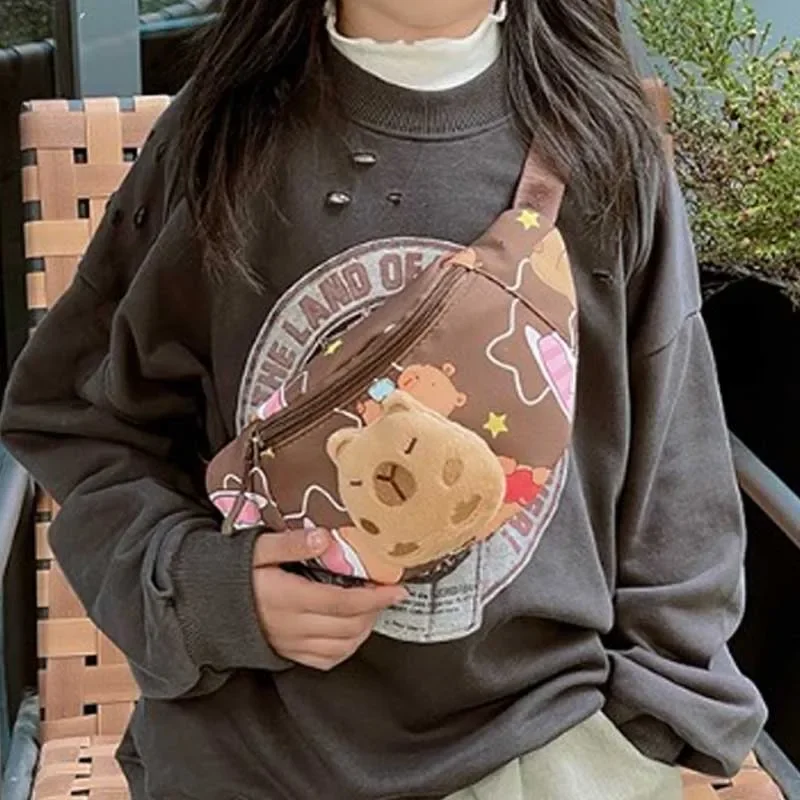 Cartoon Capybara Children's Chest Bag with Plush Doll Simple Shoulder Bag Adjustable Shoulder Strap Large Capacity Waist Bag