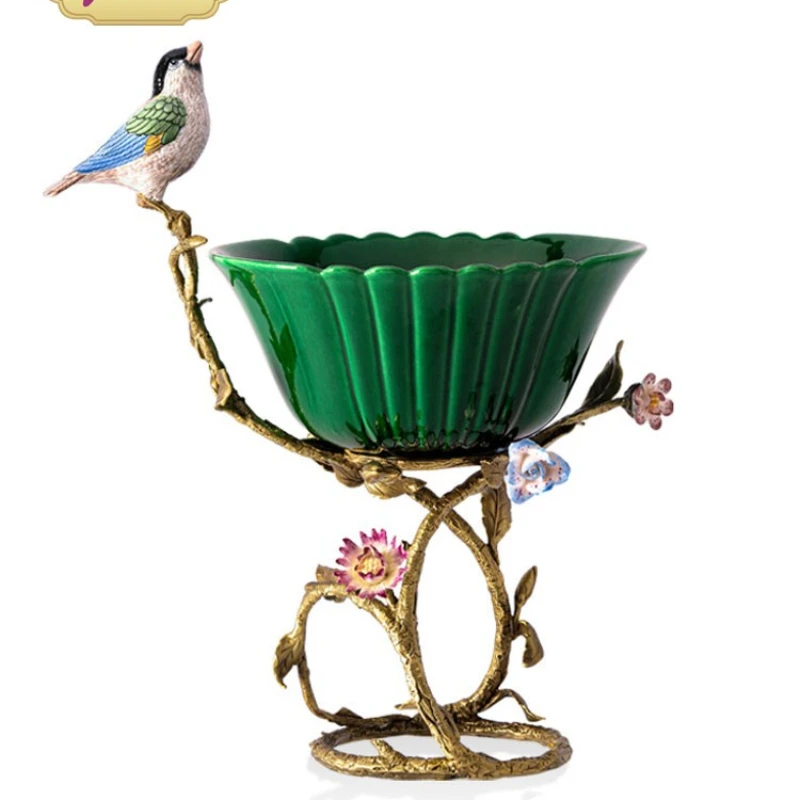 

European exquisite emerald art decorations French retro copper ceramic home desktop fruit bowl ornaments