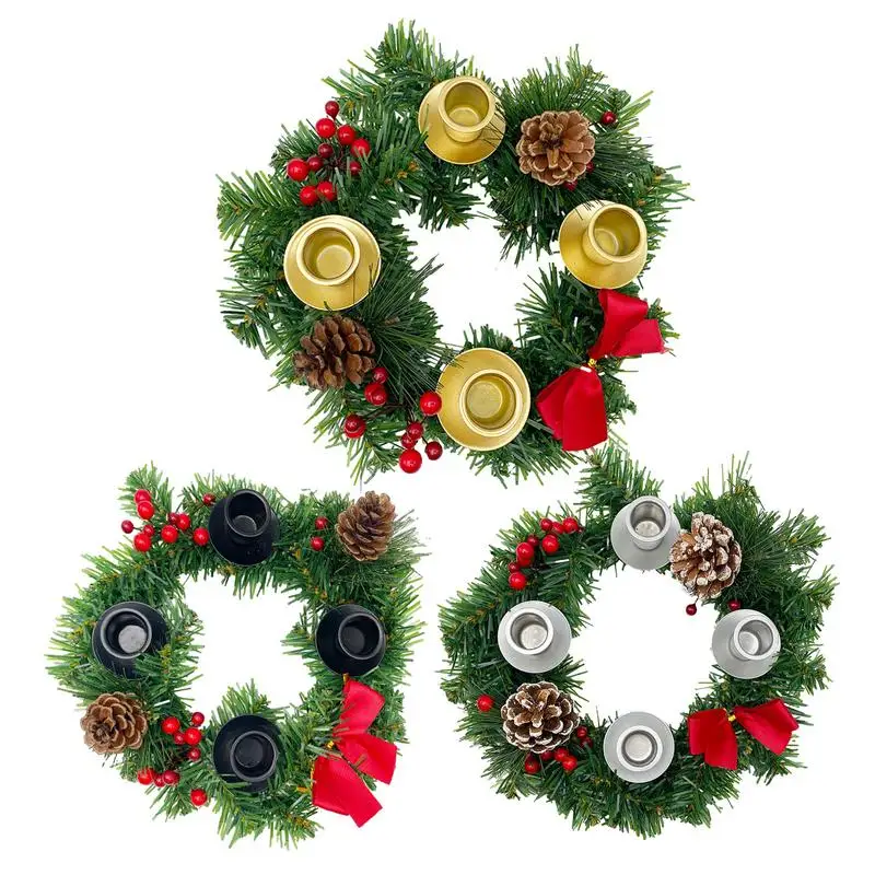 

Candle Holder Wreath Ring Artificial Christmas Candlestick Wreath Candle Stand Table Centerpiece Pine Cones GReen Leaves Wreath
