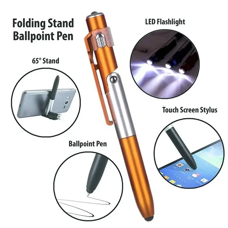 4 In 1 Multifunction Ballpoint Pen With LED Light Fold Phone Holder Night Read Writing Pencil Office School Student Stationery